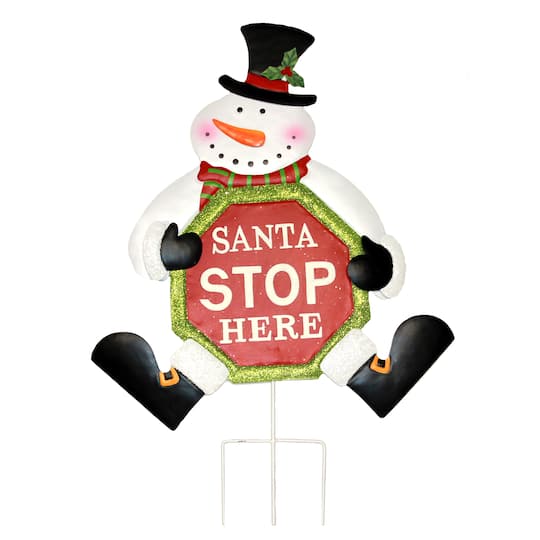 25" Snowman Christmas Santa Stop Here Sign Outdoor Metal Yard Stake